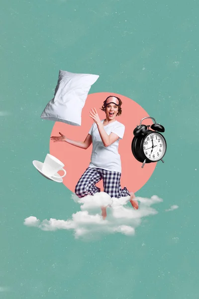 Collage Photo Young Carefree Active Awake Girl Jumping Throwing Pillow — Stock Photo, Image