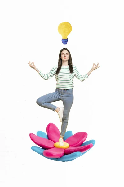 Vertical Collage Picture Calm Mini Girl Standing Huge Lotus Flower — Stock Photo, Image