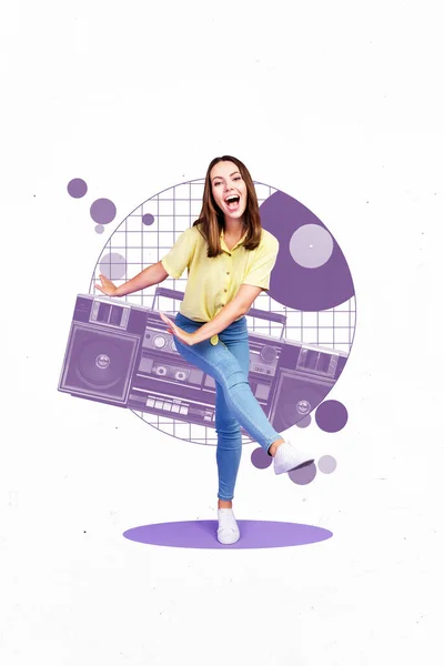 Vertical Collage Picture Carefree Cheerful Girl Enjoy Dancing Big Painted — Stock Photo, Image