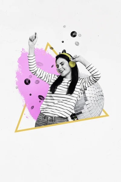 Vertical Collage Image Cheerful Black White Gamma Girl Enjoy Listen — Stockfoto