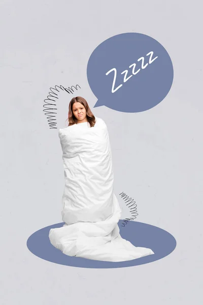 Magazine template collage of unhappy frustrated kid teen girl wrapped soft white blanket suffer insomnia cure healthcare concept.