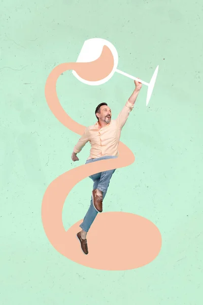 Magazine Creative Template Pop Collage Funky Man Levitating Reach High — Stock Photo, Image