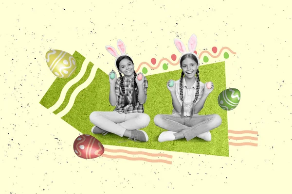 Easter Card Template Collage Two Funny Cute Kid Girl Sister — Stock fotografie