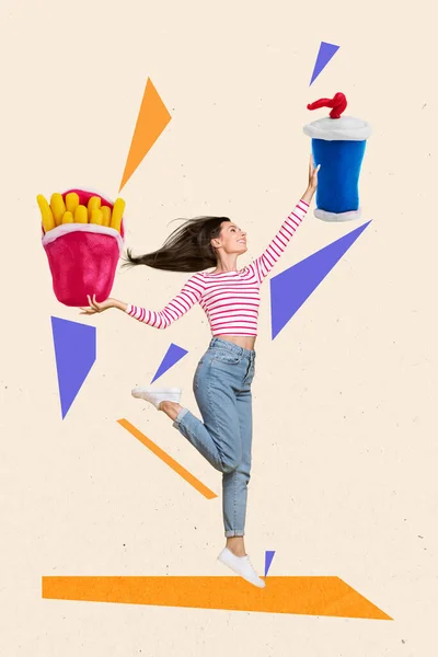 Photo Collage Young Careless Jumping Woman Hold French Fries Hold —  Fotos de Stock