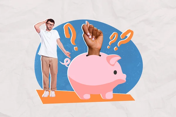 Creative Collage Stupid Questioned Guy Scratch Head Money Pig Bank — Fotografia de Stock