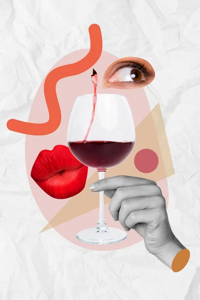 Collage Artwork Photo Woman Eyes Pouted Red Flirty Lips Drinking — стоковое фото