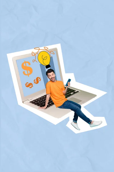 垂直写真コラージュアートワーク絵幸せな男のフリーランスのイラストは 近代的な技術を使用してお金が描かれた背景に隔離された作る — ストック写真