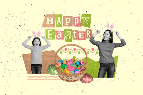 Creative graphics image collage of family easter event advert little kid mommy point costume bunny ears.