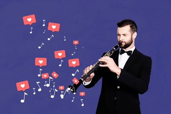 Creative Collage Picture Elegant Classy Man Playing Flute Flying Melody — Stock Photo, Image