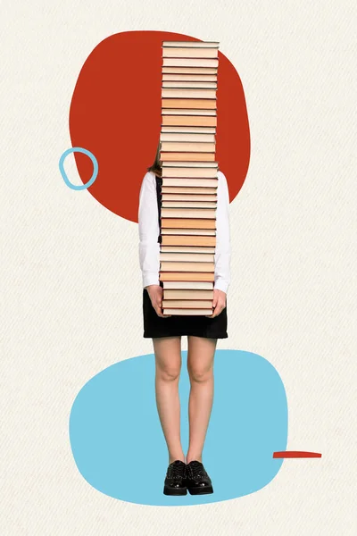 Vertical Photo Collage Schoolgirl Elementary Wear Uniform Hold Much Books — стоковое фото