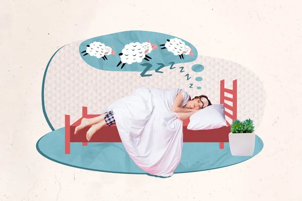 Collage Photo Sleeping Relaxed Young Woman Wear Sleepwear Night Mask —  Fotos de Stock