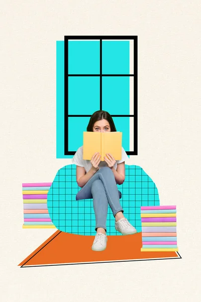 カバー顔の垂直写真コラージュ女性オタク読書プランナー無視人々怖がって座っている塗装フラット近くのウィンドウに隔離された白い背景 — ストック写真