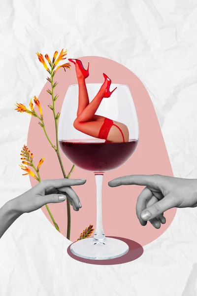 Vertical Collage Image Two Arms Fingers Reach Touch Wine Glass — стоковое фото