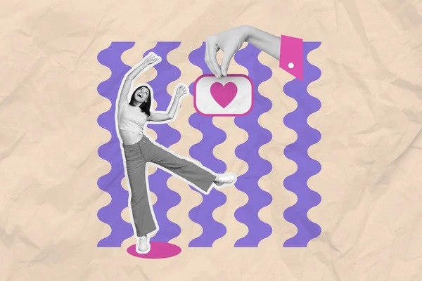 Kolaż Fotografia Grafika Plakat Kobieta Taniec Nieostrożny Złapać Miłość Symbol — Zdjęcie stockowe