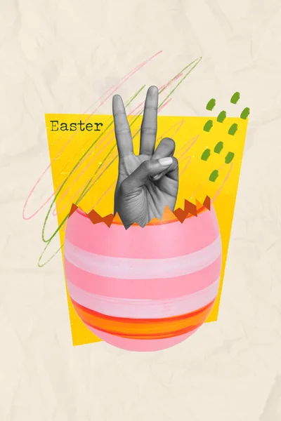 Creative Postcard Template Collage Easter Present Opening Showing Sign Human — Stock Photo, Image