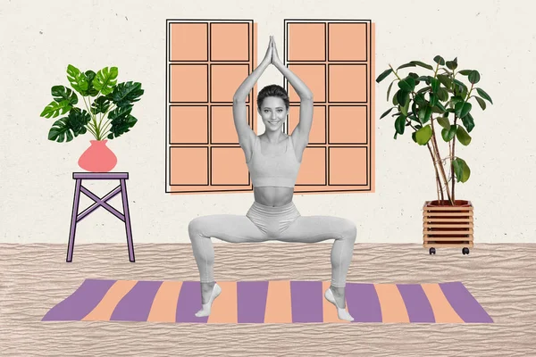 Photo sketch graphics collage artwork picture of smiling happy lady enjoying yoga indoors home isolated drawing background.