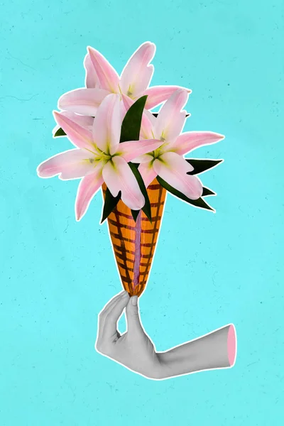 Creative Retro Magazine Collage Image Arm Holding Flowers Ice Cream — стоковое фото