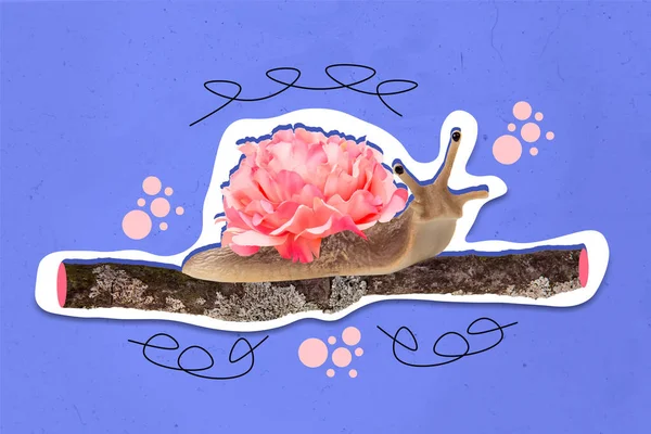 Creative Collage Illustration Snail Fresh Flower Instead Shell Slide Wooden — Stock Photo, Image