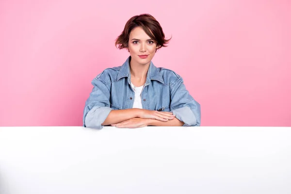 Portrait Lovely Positive Lady Demonstrate Empty Space Novelty Blank Isolated — Stock Photo, Image