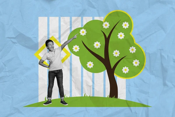 Creative collage image of excited positive black white effect boy point finger flourish tree flowers isolated on drawing background.
