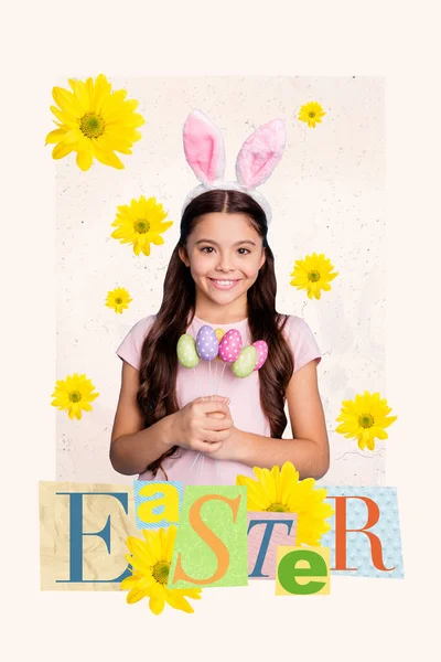 おいしいイースターお菓子を持つ若い女の子のウサギのキャラクターの雑誌の創造的な画像のポストカードのコラージュ — ストック写真