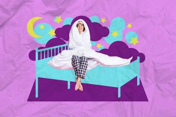 Composite Collage Picture Cheerful Girl Covered Blanket Sitting Bed Night — 스톡 사진