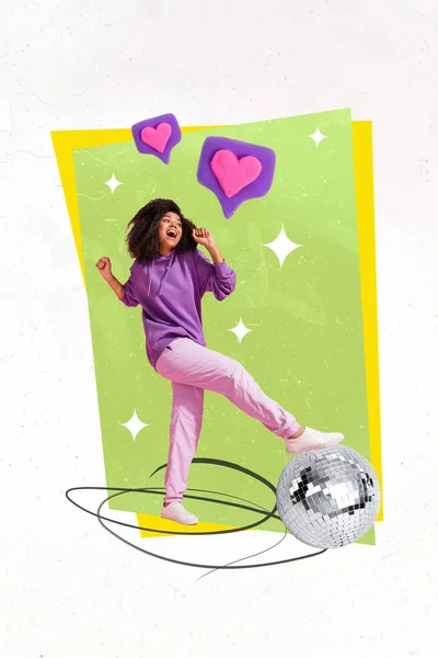 Creative Photo Collage Hipster Girl Dancing Have Fun Listen Retro — Stockfoto