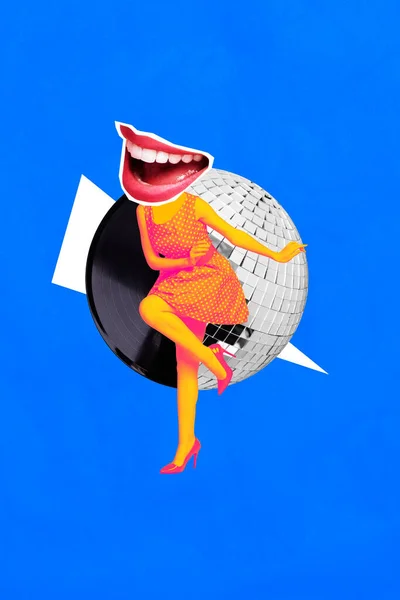 Vertical Collage Image Overjoyed Mini Person Dancing Big Smiling Mouth — Zdjęcie stockowe