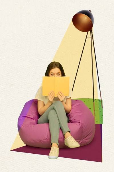 Kreatywne Zdjęcie Kolaż Młody Zabawny Ukrywanie Pokrycie Twarz Dziewczyna Czytanie — Zdjęcie stockowe