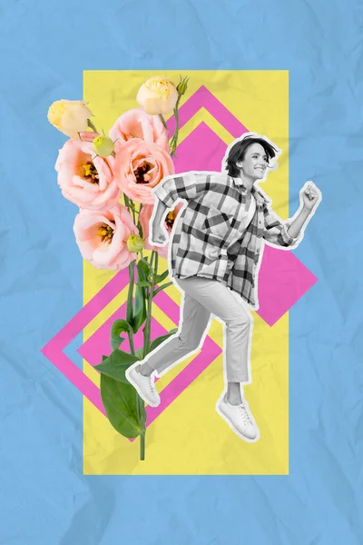 Vertical Collage Photo Banner Young Funny Woman Running Fresh Pink — Fotografia de Stock