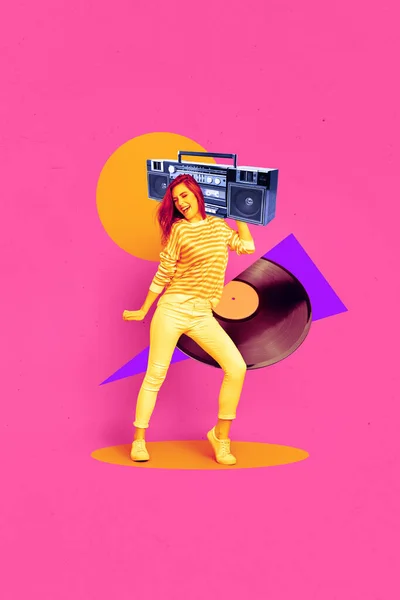 Vertical Collage Picture Overjoyed Carefree Girl Carry Boombox Dancing Big — Stock Photo, Image