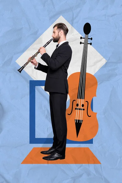 Vertical Collage Portrait Classy Musician Guy Play Flute Big Drawing — Stock Photo, Image