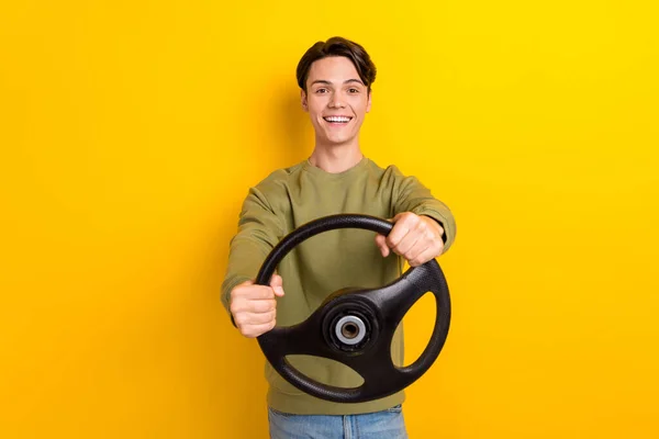 Portrait Satisfied Young Man Hands Hold Wheel Beaming Smile Isolated — Stock Photo, Image