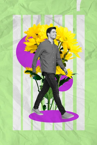 Vertical collage image of positive black white effect mini guy walking huge fresh daisy flowers bouquet isolated on drawing background.