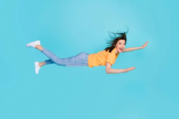 Full Length Photo Cartoon Personage Positive Lady Can Fly Sky — Stock Photo, Image