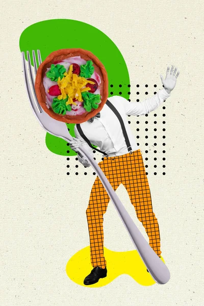 Vertical collage picture of black white colors mini person pizza instead head hands hold fork isolated on drawing background.