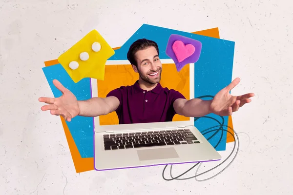 Creative Collage Image Positive Friendly Guy Netbook Screen Hands Welcome — Stockfoto
