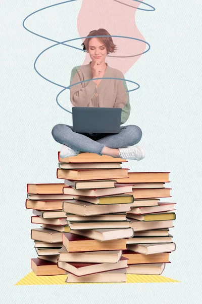 Foto Collage Concepto Conocimiento Día Mujer Estudiante Sentado Apilar Libros —  Fotos de Stock