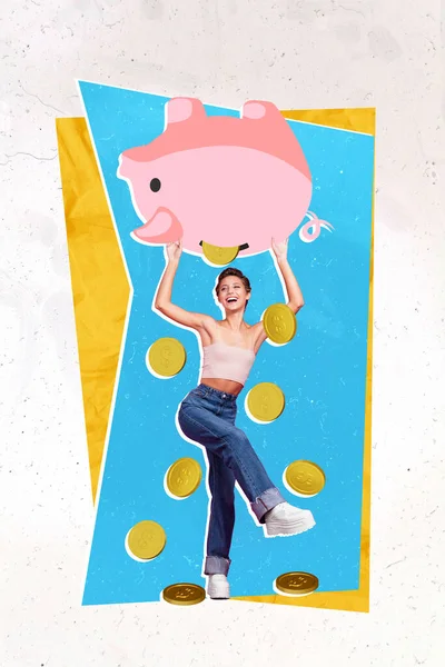 Vertical Collage Picture Positive Girl Arms Hold Big Money Pig — Fotografia de Stock