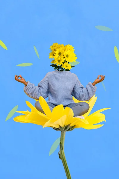 Vertical Collage Portrait Mini Girl Bouquet Instead Head Meditate Sitting — Stock Photo, Image