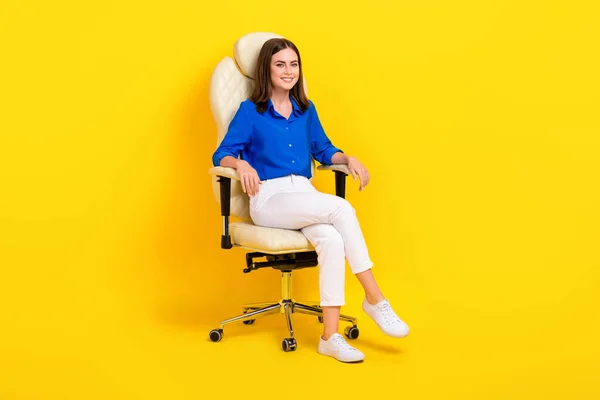 Full Length Photo Lady Wear Blue Shirt White Pants Sit — Stockfoto