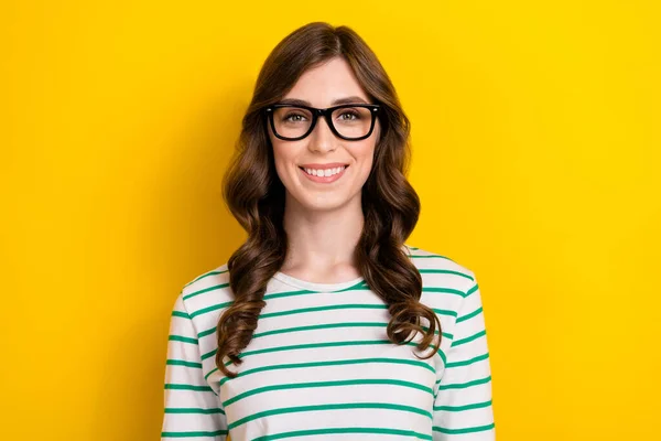 Portrait Photo Optimistic Satisfied Good Mood Office Project Manager Striped — Zdjęcie stockowe