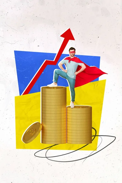 Pionowe Metafora Grafiki Kolaż Pewny Sukces Mini Superman Stoją Duży — Zdjęcie stockowe