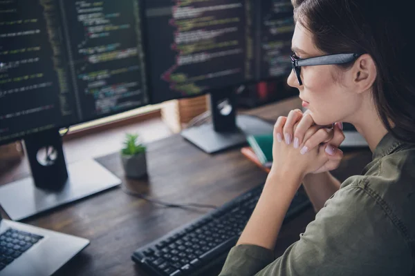 Cropped Photo Successful Confident Concentrated Focused Lady Hacker Think Change — Stock Photo, Image