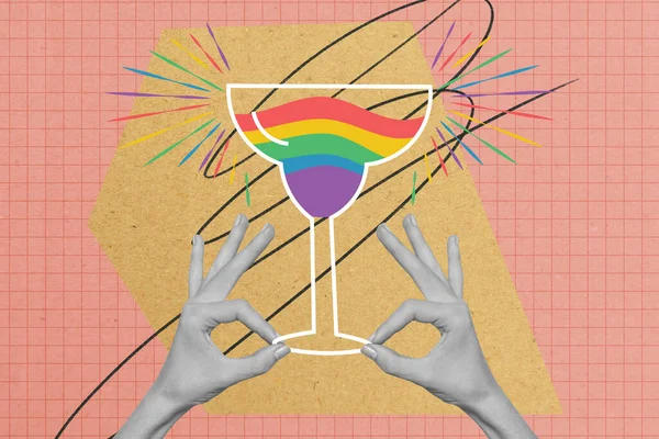 Photo Cartoon Comics Sketch Collage Picture Arms Holding Rainbow Cocktail — стоковое фото