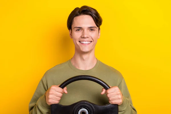 Photo Nice Cheerful Man Beaming Smile Arms Hold Wheel Isolated — Stock Photo, Image