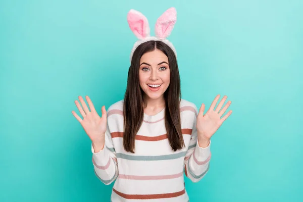 Photo Excited Pretty Woman Wear Striped Sweater Bunny Headband Rising — Stock Photo, Image