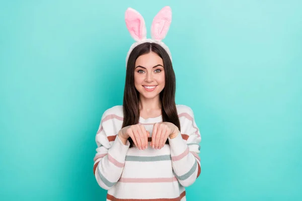 Photo Funny Adorable Cute Lady Show Rabbit Paws Wear Bunny — Stockfoto