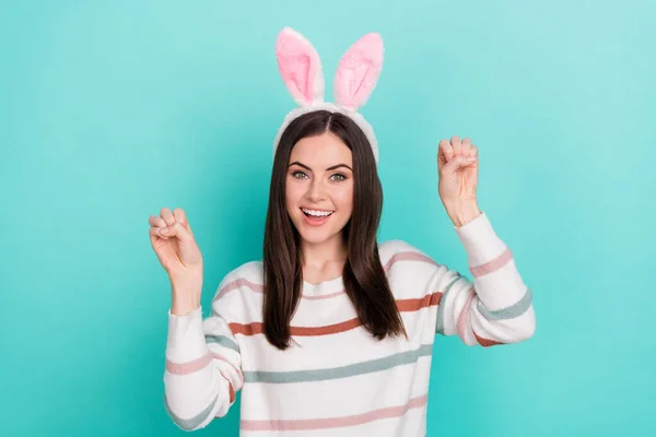 Photo Tricky Funny Lady Dressed Striped Pullover Hare Headband Showing — Stockfoto