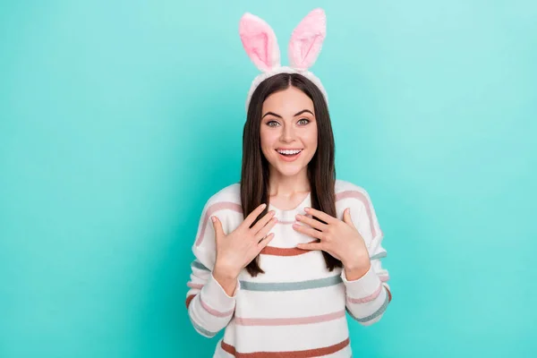 Photo Dream Charming Lady Easter Celebration Concept Wear Bunny Ears — Zdjęcie stockowe